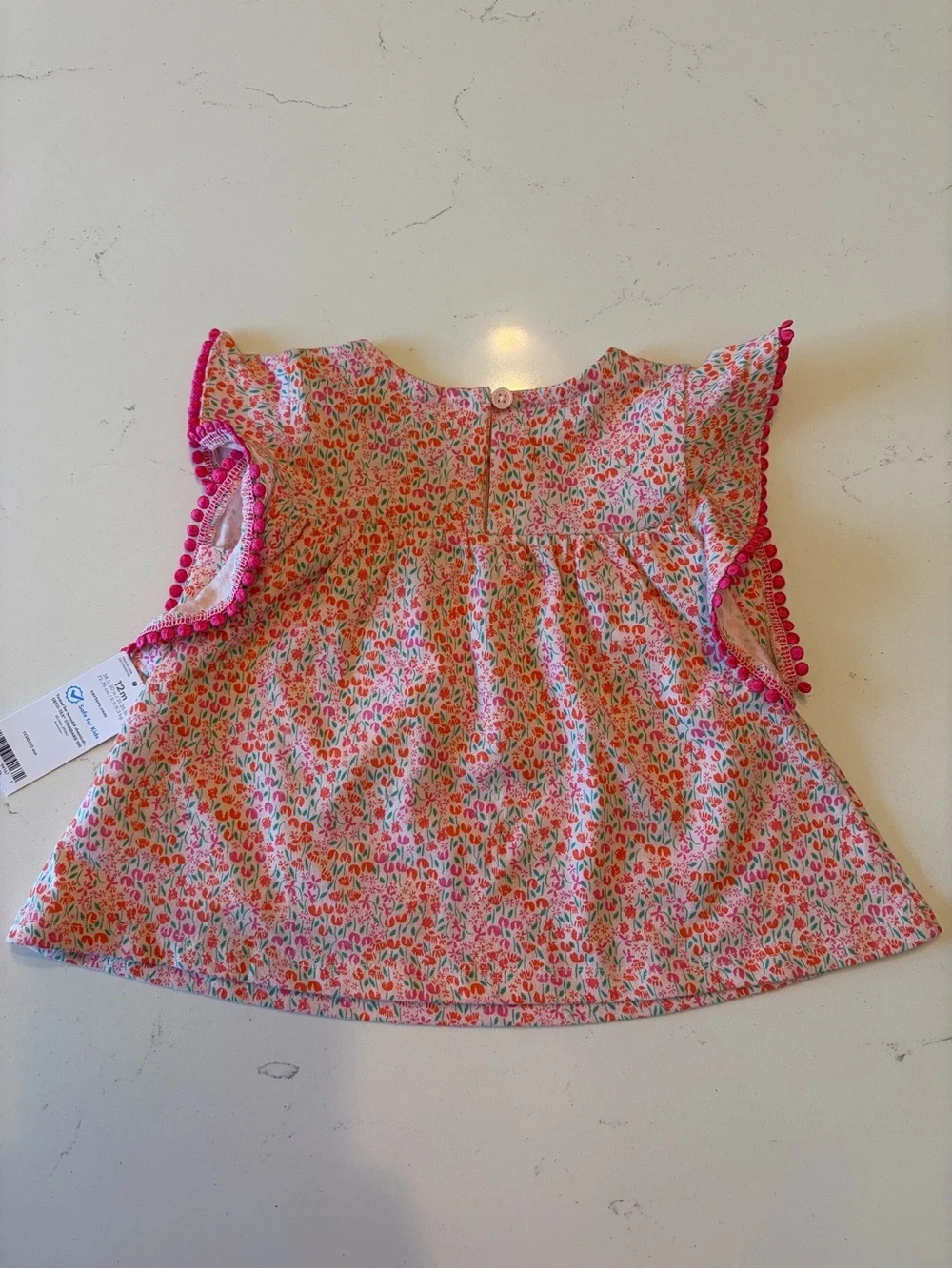 Carter's Pink Floral Pom-Trim Flutter Sleeve Top